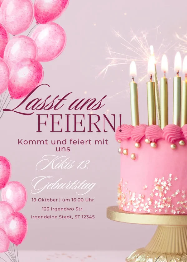 Einladungskarte zum Geburtstag Lasst uns feiern – Rosa-Design