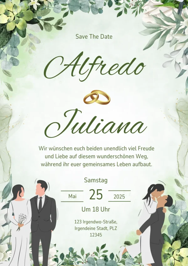 Einladungskarte zur Hochzeit - Greenery Eleganz mit goldenem Akzent